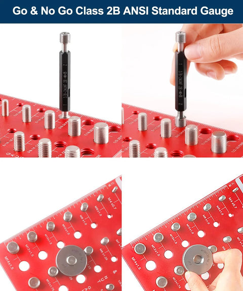 Nut and bolt thread checker board with 14 standard and 14 metric gauges on a red plate