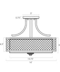 Technical diagram of Linx 16 Inch 3 Light Semi Flush Mount Ceiling Light Fixture dimensions and structure with mesh shade
