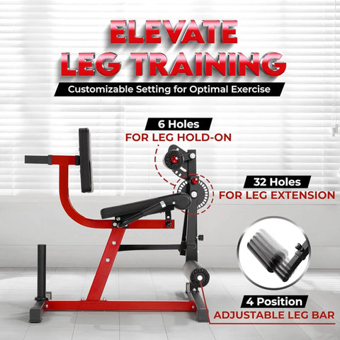 Leg Extension And Curl Machine For Home Gym With Adjustable Leg Extension And Curl Bench Plate Loaded Upgraded 350 Lb Capacity Durable Steel Construction For Serious Leg Day shown in side view with labels for customizable settings