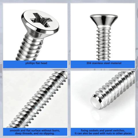 Extra Long 6-32 Stainless Steel Outlet Screws - 30 Pieces Phillips Flat Head Machine Screws For Wall Electrical Sockets And Switches, No Rust, Heavy Duty, Deep Threads, Mixed Sizes close-up