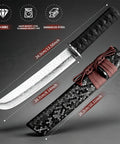 Japanese Tanto Knife With Damascus Steel Fixed Blade For Bushcraft And Survival, shown with measurements and wooden sheath.