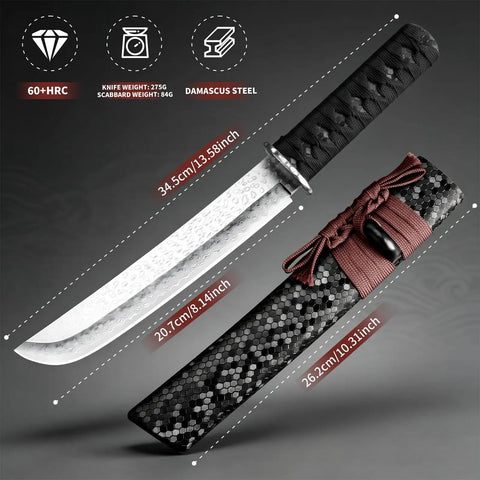 Japanese Tanto Knife With Damascus Steel Fixed Blade For Bushcraft And Survival, shown with measurements and wooden sheath.