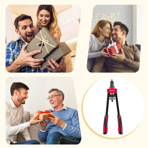Collage featuring three gift-giving scenes and a Rivet Nut Tool Kit WETOLS with 7 Mandrels and 70Pcs Rivnuts Assortment