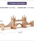 Tower Bridge 3D Puzzle Wood Craft Kit With LED Light DIY Construction Model for Teens shown fully assembled with dimensions