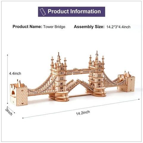Tower Bridge 3D Puzzle Wood Craft Kit With LED Light DIY Construction Model for Teens shown fully assembled with dimensions