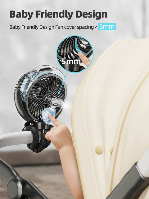 Baby pointing at Cooling Misting Stroller Fan With 6000mAh Battery, Portable Personal Fan With Light, on stroller handle