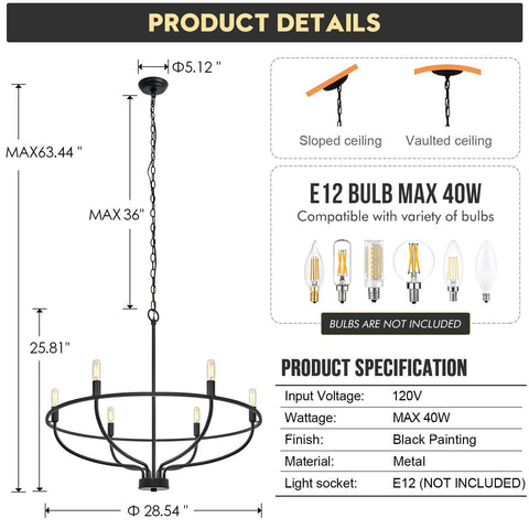 Dope Black 6 Light Farmhouse Chandelier For Dining Room Kitchen Island Living Room Entryway Foyer Industrial Metal Candle Lighting With E12 Sockets, showing dimensions and specifications.