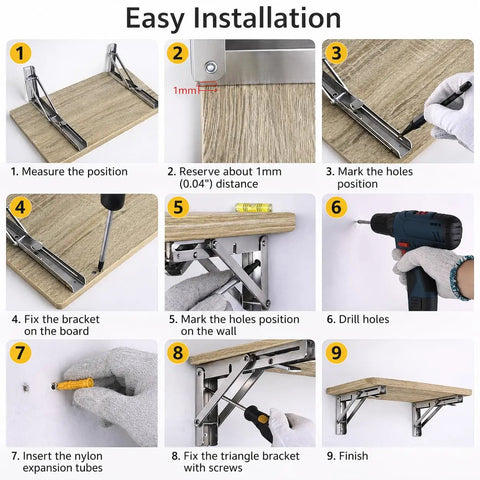 Easy installation guide for Built Like A Tank Heavy Duty Folding Shelf Brackets 2 Pack Matte Black Steel with steps.