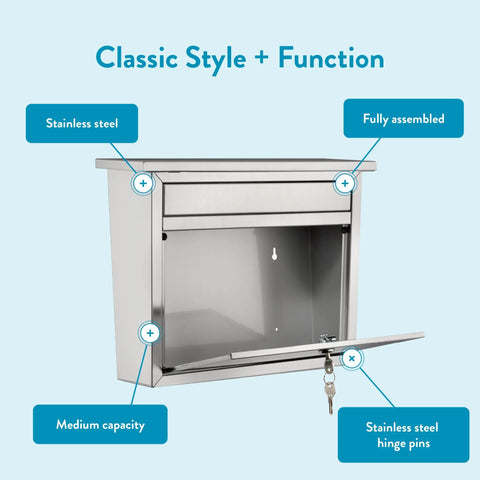 Locking Wall Mount Mailbox In Brushed Stainless Steel For Outdoors With Key Drop Box And Large 12.9 Inch Slot, open view