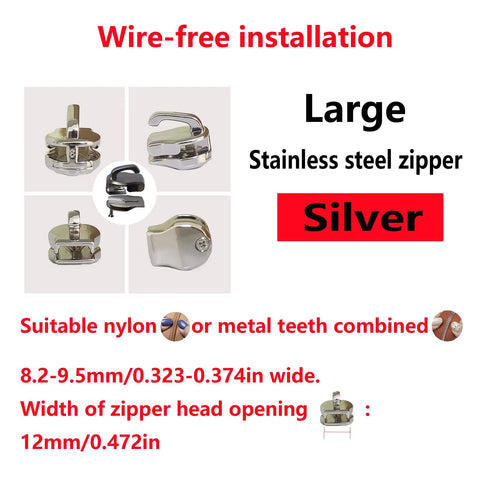 Stainless Steel Replacement Zipper Slider Silver Large Size for Clothing Luggage Handbags Shoes Tents Backpacks Kit