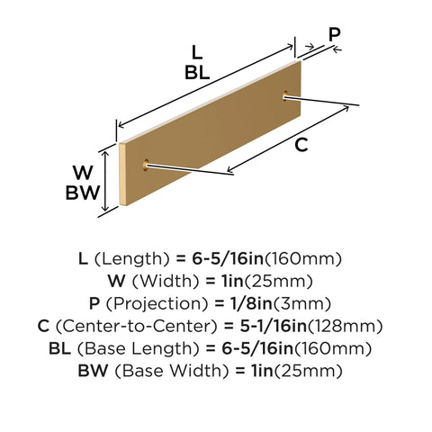 Diagram of Ladera 5-1/16 Inch Center-To-Center Rectangle Champagne Bronze Cabinet Pull Backplate dimensions.