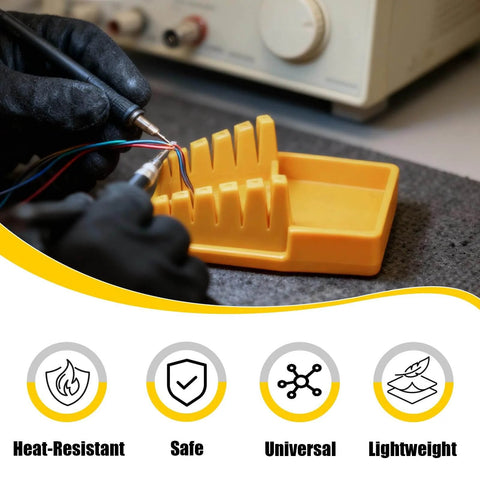 Yellow Wire Soldering Holder With Heat Resistant Silicone Stand And Five V Shaped Grooves Plus Storage Tray in use