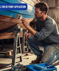 Man using 12 Pack 3 Inch Flat Paint Brushes For Walls Trim Cabinets Doors Premium Contractor Grade Set on wooden surface