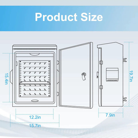 Diagram of Beefy Outdoor Electrical Box With Thermostat And Fan For Weatherproof Protection, dimensions marked.