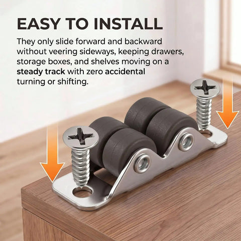 Smooth Rolling Mini Caster Wheels Half Inch Diameter Low Profile Furniture Casters with screws mounted on wood surface for easy installation.