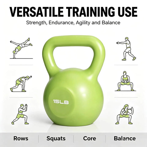 15 Pound Kettlebell For Strength Training And Full Body Toning, Vinyl Coated Iron Sand Fill Kettlebell with workout illustrations