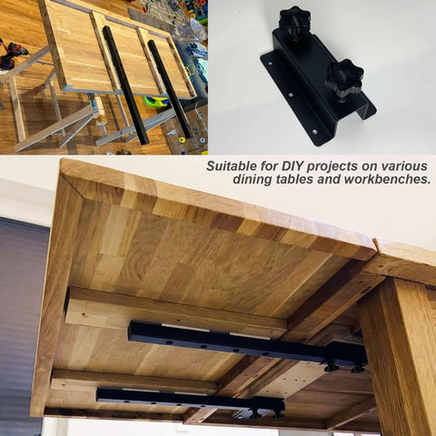 Heavy Duty Table Extension Brackets Set Of Two 26 Inch Carbon Steel Support Rails Zero Sag Design mounted under a wooden table.