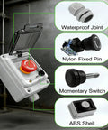 Emergency Stop Button With Weatherproof Box 660V 10A IP67 Red Mushroom Head E Stop Switch For Quick Rugged Power Shutdown Built For Tough Jobs In Harsh Industrial Environments with component details