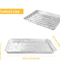 40 Pack Disposable Aluminum Broiler Pans, 13.38 by 8.81 by 1.06 Inches, shown with size measurements and ridged surface