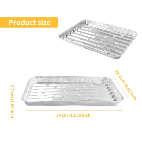 40 Pack Disposable Aluminum Broiler Pans, 13.38 by 8.81 by 1.06 Inches, shown with size measurements and ridged surface