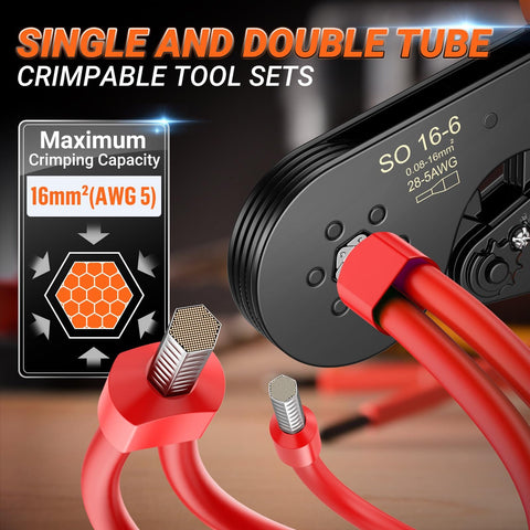Close-up of Ferrule Crimping Tool Kit Upgrade Double And Single Ferrules Connectors With Hexagonal Ratchet Jaw Wire Crimping Pliers.