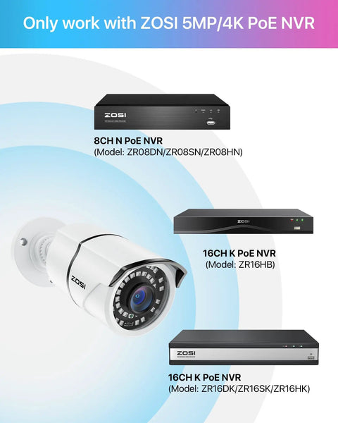 5MP PoE Bullet IP Camera With Night Vision For Outdoor and Indoor Surveillance 95 Degree Wide View, shown with ZOSI NVRs