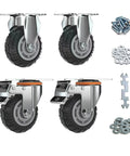 Set of four 4-inch rubber caster wheels; two fixed and two locking swivel with brakes, plus mounting hardware.