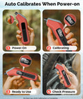 ETENWOLF T300 Plus tire pressure gauge in vivid orange with LED display and Presta adapter.