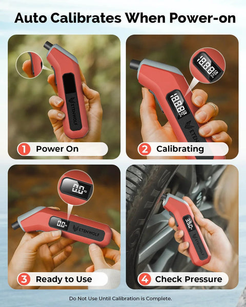 ETENWOLF T300 Plus tire pressure gauge in vivid orange with LED display and Presta adapter.