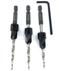 Wicked Sharp 45 Degree Size 8 Wood Countersink Drill Bit Set Three Piece Carbon Steel Hex Wrench, showing bits and hex wrench.