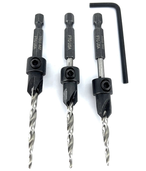 Wicked Sharp 45 Degree Size 8 Wood Countersink Drill Bit Set Three Piece Carbon Steel Hex Wrench, showing bits and hex wrench.