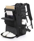35L Tactical Backpack With Shoe Compartment For Men, 1000D Water Resistant MOLLE Rucksack For Outdoor Survival, Hiking, Travel, Gym, Military Style Gear Bag Black with compartments open and shoes visible