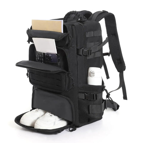35L Tactical Backpack With Shoe Compartment For Men, 1000D Water Resistant MOLLE Rucksack For Outdoor Survival, Hiking, Travel, Gym, Military Style Gear Bag Black with compartments open and shoes visible