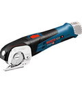 Pro Grade Hella Tough Cordless Electric Shears For Multi Material Cutting With Slick Lithium Ion Battery And Knockout Cutting Power For Carpet Pvc Leather Fabric side view of tool with sharp blade.