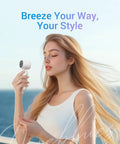 Woman using High Speed Portable Handheld Turbo Fan USB Rechargeable Pocket Fan for Travel Outdoor Home Office Use Cool On The Go Great Gift