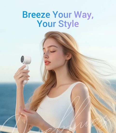 Woman using High Speed Portable Handheld Turbo Fan USB Rechargeable Pocket Fan for Travel Outdoor Home Office Use Cool On The Go Great Gift