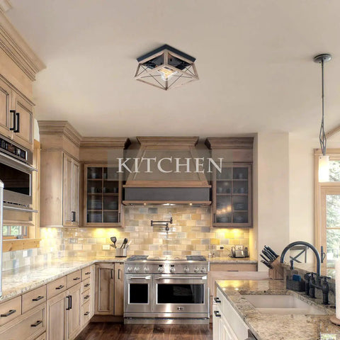 Farmhouse Wood Flush Mount Ceiling Light Fixture With Two Lights Square Batten Design For Hallway Entryway Dining Kitchen Rustic Modern Look And Cozy Industrial Vibe