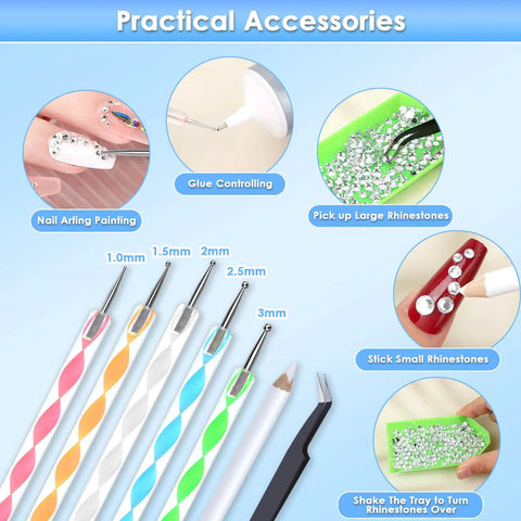 Clear B7000 Glue Rhinestone Tool Kit for Crafts and Jewelry Making shows dotting pens, tweezers, wax pencil, and rhinestone tray.