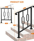 Helluva Strong Outdoor Stair Handrail For Two Or Three Steps Solid Black Wrought Iron dimensions showing height and width with concrete steps