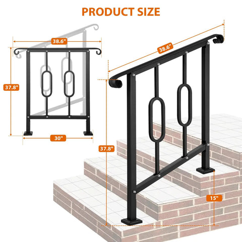 Helluva Strong Outdoor Stair Handrail For Two Or Three Steps Solid Black Wrought Iron dimensions showing height and width with concrete steps