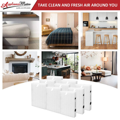 Nine Pack Replacement HEPA Filter Set For HPA300 HPA200 HPA100 Series Air Purifiers With HRF R3 R2 R1 Compatibility shown in living spaces
