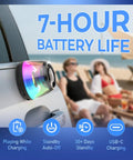 Magnetic Bluetooth Mini Speaker With Bass Diaphragm on car, RGB light, promoting 7-hour battery life, beach background.