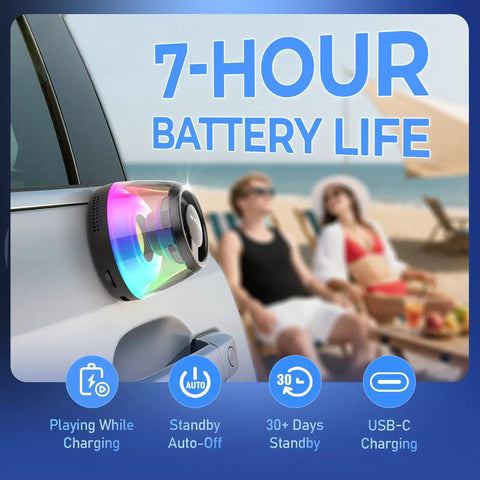 Magnetic Bluetooth Mini Speaker With Bass Diaphragm on car, RGB light, promoting 7-hour battery life, beach background.