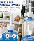 2-In-1 Desktop And Bottle Top Electric Water Dispenser Pump on blue bottle in home setting, one-touch easy pour