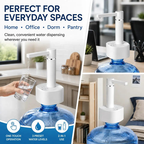 2-In-1 Desktop And Bottle Top Electric Water Dispenser Pump on blue bottle in home setting, one-touch easy pour