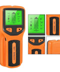 For Stud Finder Wall Scanner, 5-in-1, LCD Display, Center Finder, Backlit in orange with green display, showing reading modes.