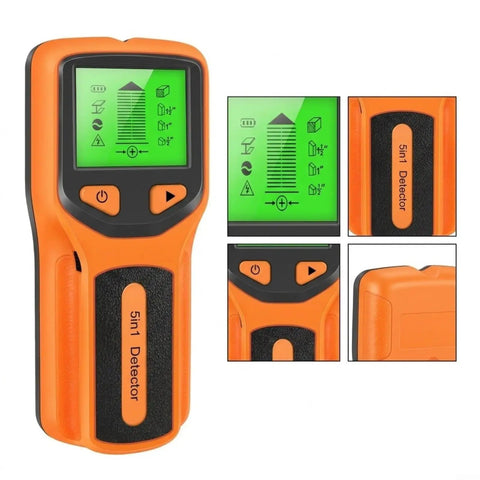 For Stud Finder Wall Scanner, 5-in-1, LCD Display, Center Finder, Backlit in orange with green display, showing reading modes.