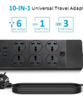 European Travel Plug Adapter Universal Power Strip With Six AC Outlets And Four USB Ports One USB C 110 to 240V 3000W High Power Extension Cord 6ft International Power Adapter For Overseas Travel Essentials displayed with six AC outlets and a long cord.