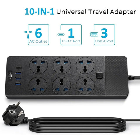 European Travel Plug Adapter Universal Power Strip With Six AC Outlets And Four USB Ports One USB C 110 to 240V 3000W High Power Extension Cord 6ft International Power Adapter For Overseas Travel Essentials displayed with six AC outlets and a long cord.