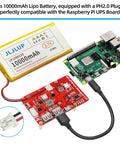 Beefy 10000mAh 3.7V LiPo Battery with PH2.0 plug connected to Raspberry Pi and UPS board, showcasing protective board and wires.